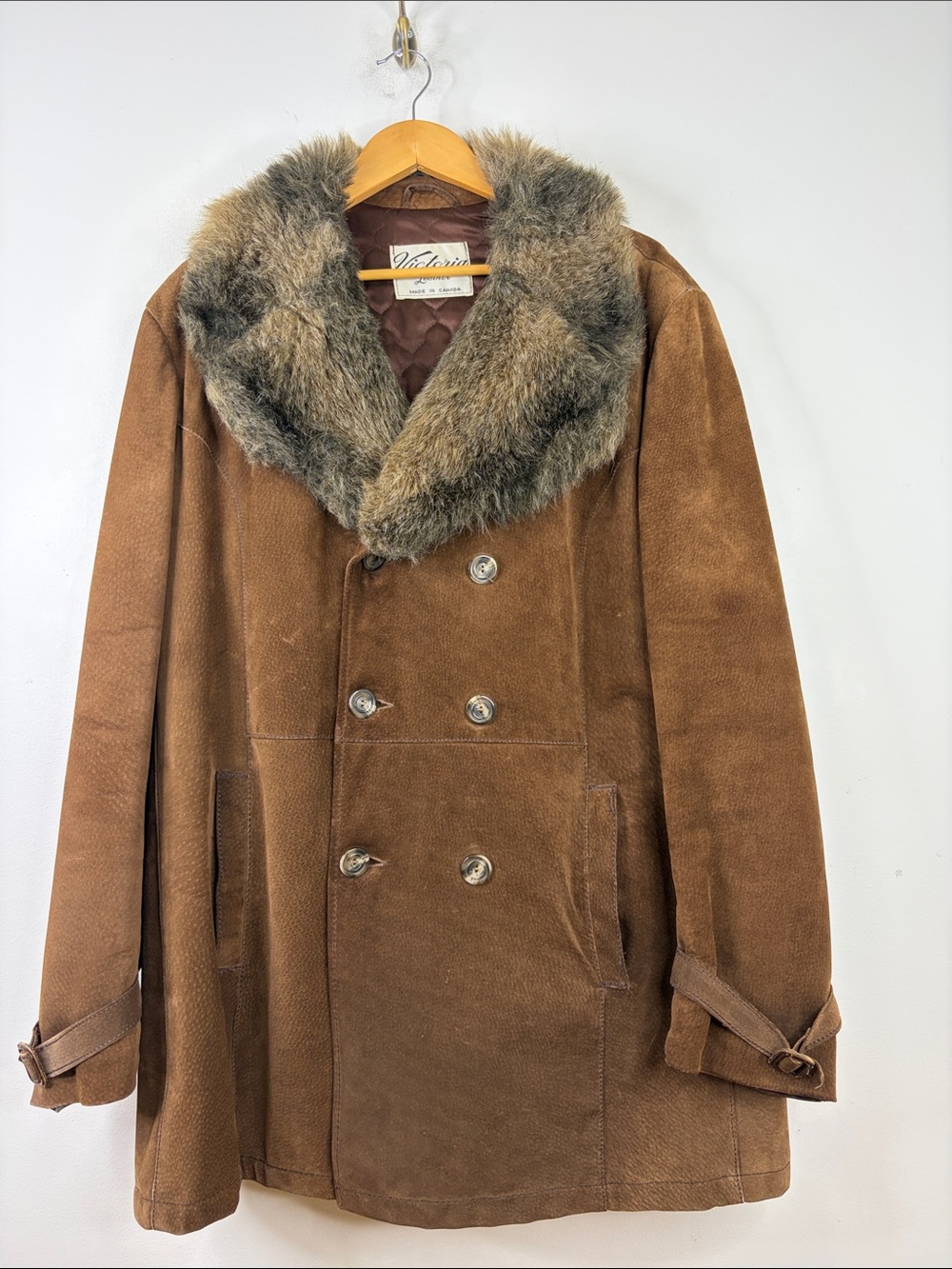 Vintage Leather Coat Mens 46 XXL Brown Nubuck Faux Fur 70s Retro Rancher Cowboy